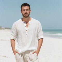 Men's Holiday-Ready Henley Shirt - White, Long-Sleeve, Casual Linen Fabric