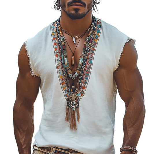 Men's Summer Retro Deep V Neck Embroidered Tank Top MTA0981D3U