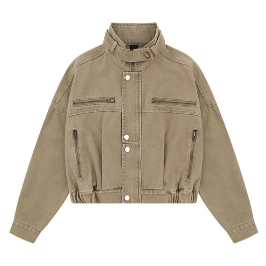 Stylish Brown Denim Jacket with Zipper Pockets - Perfect for Casual and Outdoor Wear