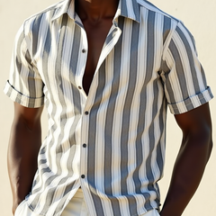 Men's Casual Cotton Blend Striped Lapel Loose Short Sleeve Shirt MTA1878C0M