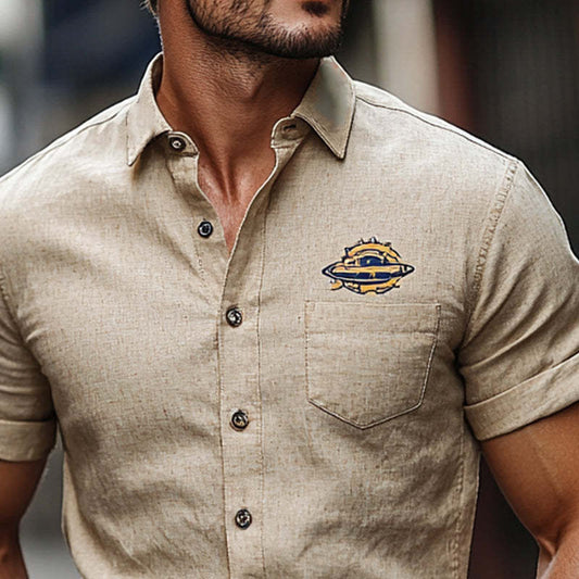 Men's Cotton And Linen Embroidered Short Sleeve Shirt MTA2713C3X