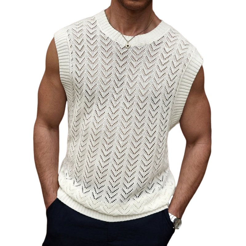 Men's Casual Round Neck Hollow Knitted Loose Tank Top MTA2564C9M