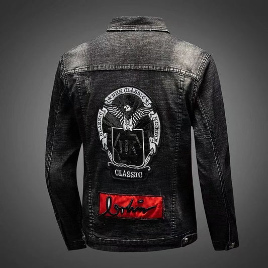 Stylish Men's Denim Jacket with Unique Embroidery and Patches - Perfect for Casual and Trendy Looks