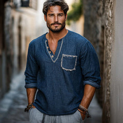 Men's Retro Navy V-neck Casual Long Sleeve T-shirt 61313574U