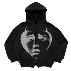 Hooded Sweatshirt with Bold Graphic Design and Zip-Up Closure