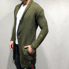 Men's Olive Green Distressed Longline Cardigan - Perfect For Casual And Fashionable Looks