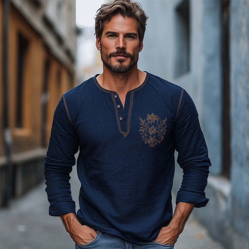 Men's Navy Blue Cotton And Linen Embroidered Henley Collar Long Sleeve T-Shirt 10707618U