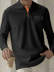 Quilted Black Henley Shirt With Orange Collar Detail For Men