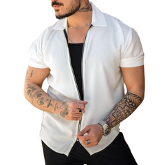 Men's Solid Lapel Zipper Platet Short Sleeve Shirt MTA0175D6Z