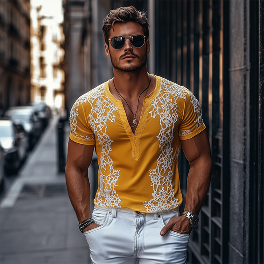Men's Spring Fashion Deep V Neck Exquisite Embroidery Cotton Short Sleeve T-shirt MTA2644C7K
