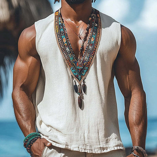 Men's Summer Retro Deep V Neck Cotton And Linen Embroidered Tank Top MTA0938D8U
