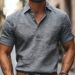 Men's Casual Linen Lapel Patch Pocket Pullover Short Sleeve Shirt MTA2136C0M