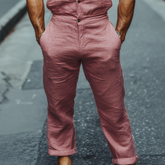Men's Spring And Summer Fashion Casual Deep V-Neck Cotton And Linen Tank Top Pants Jumpsuit MTA0994D6K
