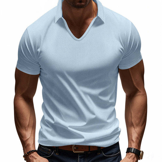 Men's Solid Color Waffle Lapel Short Sleeve POLO Shirt MTA0158D6X
