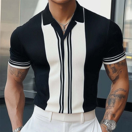 Men's Summer Classic Black And White Knitted Short Sleeve T-Shirt MTA3125C3U