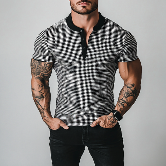 Men's Retro Houndstooth Patchwork Henry Collar Slim Fit Short Sleeve T-Shirt MTA1944C2M