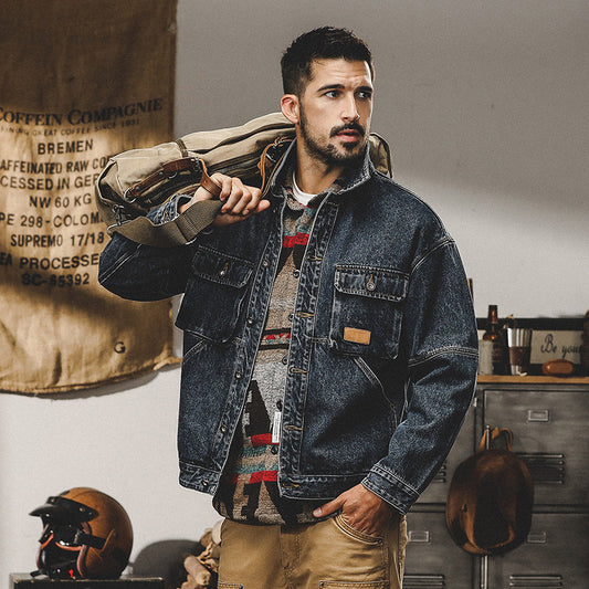 Men's Retro Denim Jacket - Single-Breasted, Cotton-Polyester Denim, Multi-Pocket, Spring & Autumn