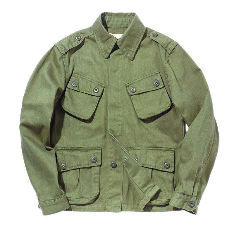 Military-Style Jacket with Striped Shirt Combo for Men - Perfect for Casual and Outdoor Adventures