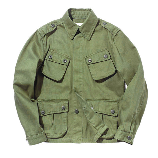 Military-Style Jacket with Striped Shirt Combo for Men - Perfect for Casual and Outdoor Adventures