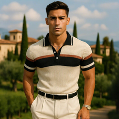 Men's Casual Contrast Lapel Slim Fit Knitted Short Sleeve Polo Shirt MTA1775C7M