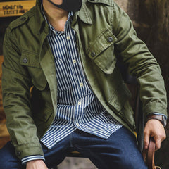 Military-Style Jacket with Striped Shirt Combo for Men - Perfect for Casual and Outdoor Adventures