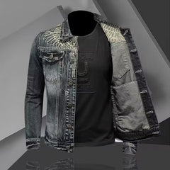 Distressed Denim Jacket with Embroidered Wings - Perfect for Casual and Fashionable Looks