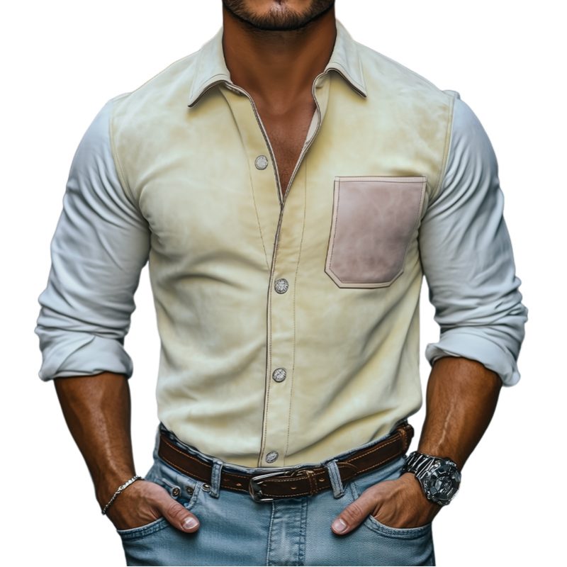 Men's Spring Fashion Casual Slim Suede Splicing Long Sleeve Shirt MTA0317D7K