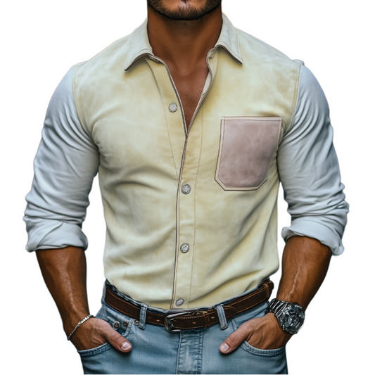 Men's Spring Fashion Casual Slim Suede Splicing Long Sleeve Shirt MTA0317D7K