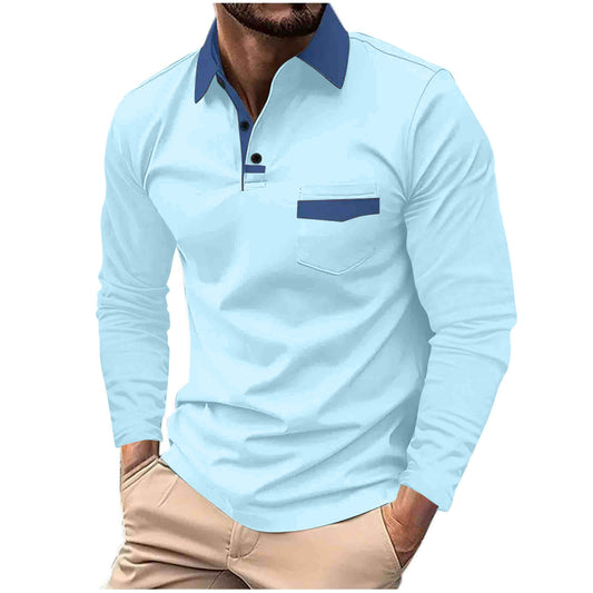 Men's Stylish Long Sleeve Polo Shirt with Contrast Collar and Pocket Design