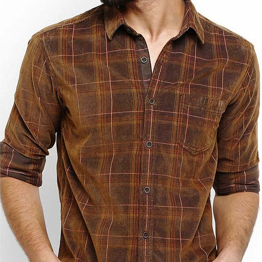 Men's Spring And Autumn Brown Plaid Casual Long Sleeve Shirt MTA1966C8U