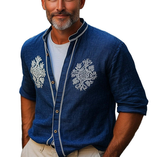 Men's Casual Navy Blue Cotton And Linen Vintage Embroidered Long-Sleeved Shirt MTA2124C5U