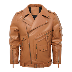 Classic Biker Jacket With Multiple Pockets And Zipper Details