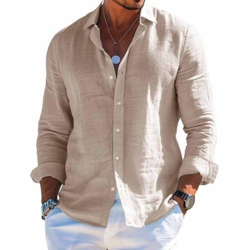 Men's Cotton And Linen Casual Solid Color Lapel Shirt 31793795X