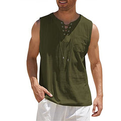Men's Casual Lace-Up Neck Chest Pocket Sleeveless Vest Tank Top