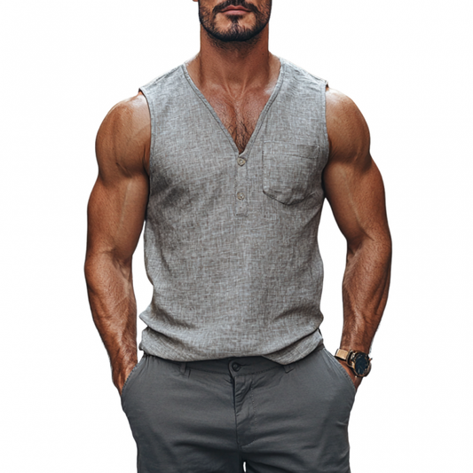 Men's Casual Linen Button V-Neck Patch Pocket Slim Fit Tank Top MTA2174C9M