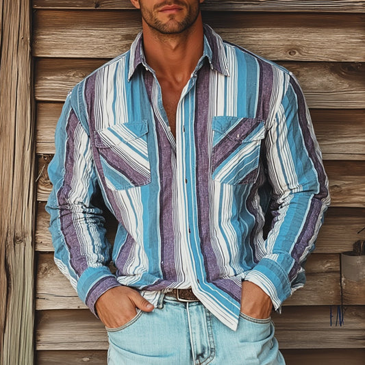Men's Retro Colorblock Casual Striped Print Loose Long Sleeve Shirt