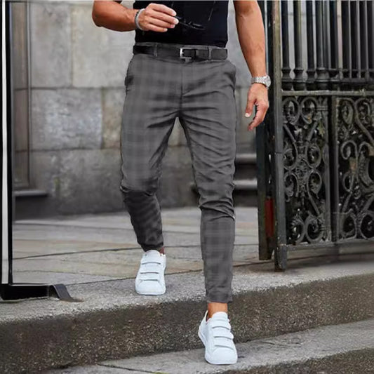 Autumn/Winter Men's Casual Check-Print Trousers - Mid-Waist, Slightly Stretchy, Relaxed Fit