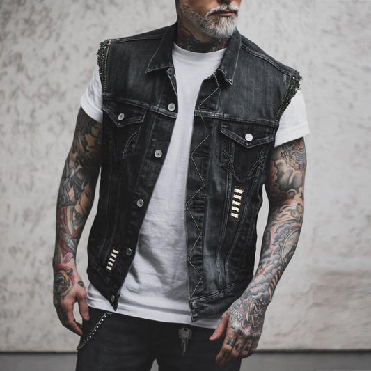 Distressed Denim Vest with Embroidered Skull Design for Biker Style