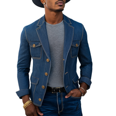 Men's Retro Notched Lapel Denim Single Breasted Multi-Pocket Slim Fit Blazer MTA0266D7M