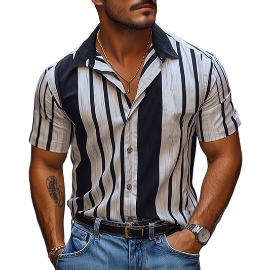 Men's Retro Casual Vertical Stripe Printed Chiffon Short Sleeve Shirt MTA2024C4K