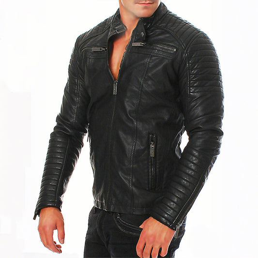 Men's Fashion Crocodile Leather Stand Collar Single Breasted Slim Fit Jacket 22007630M