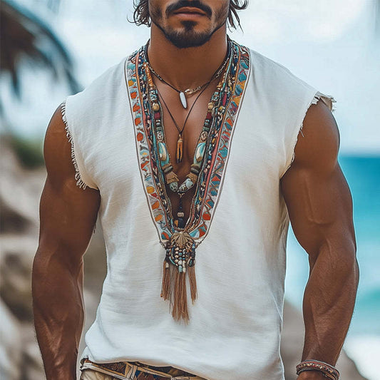Men's Summer Retro Deep V Neck Embroidered Tank Top MTA0981D3U