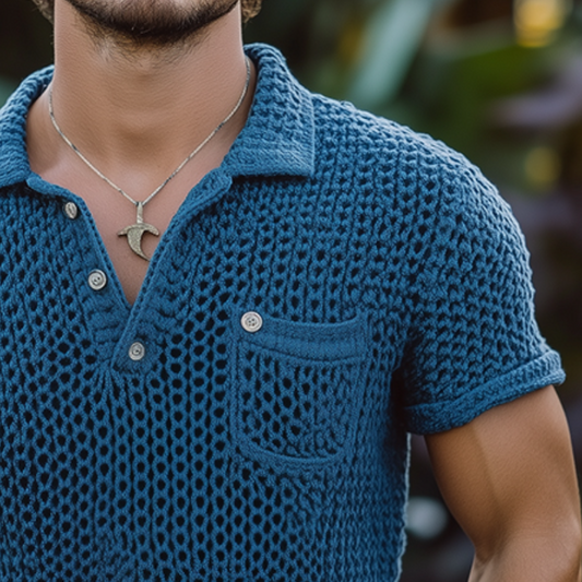 Men's Retro Solid Color Knitted Pocket Short-Sleeved Polo Shirt MTA0982D1TO