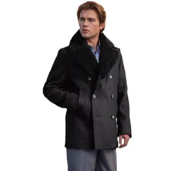 Winter Essential Pea Coat with Faux Fur Collar for Men