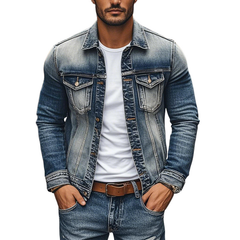 Men's Vintage Denim Heavy Wash Lapel Single Breasted Slim Fit Jacket MTA0222D8M