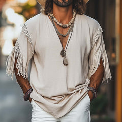 Men's Casual Khaki Loose Deep V Neck Tassel T-Shirt MTA1704C0U