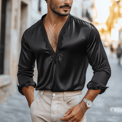 Men's Casual Sexy Lace And Satin Stitching Deep V Neck Long Sleeve Shirt MTA1732C2K