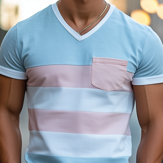 Men's Personalized Casual V-neck Bright Suede Stitching Short-sleeved T-shirt MTA0803D8K