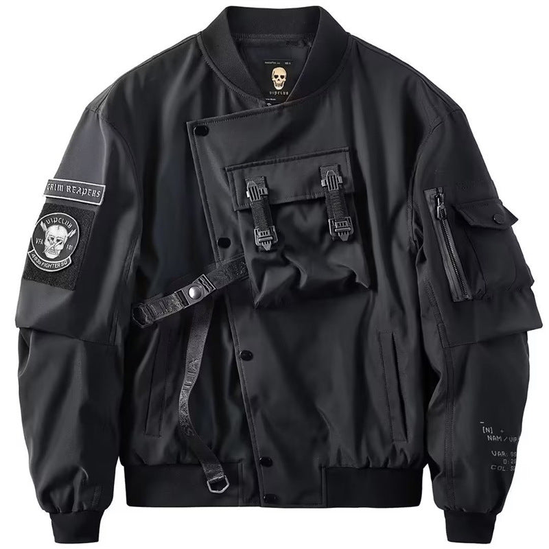 Tactical Bomber Jacket With Skull Patches And Utility Straps For Men