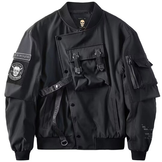 Tactical Bomber Jacket With Skull Patches And Utility Straps For Men
